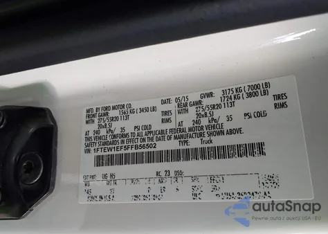 2015 Ford F-150 King Ranch z USA, uszkodzony, nr VIN 1FTEW1EF5FFB56502